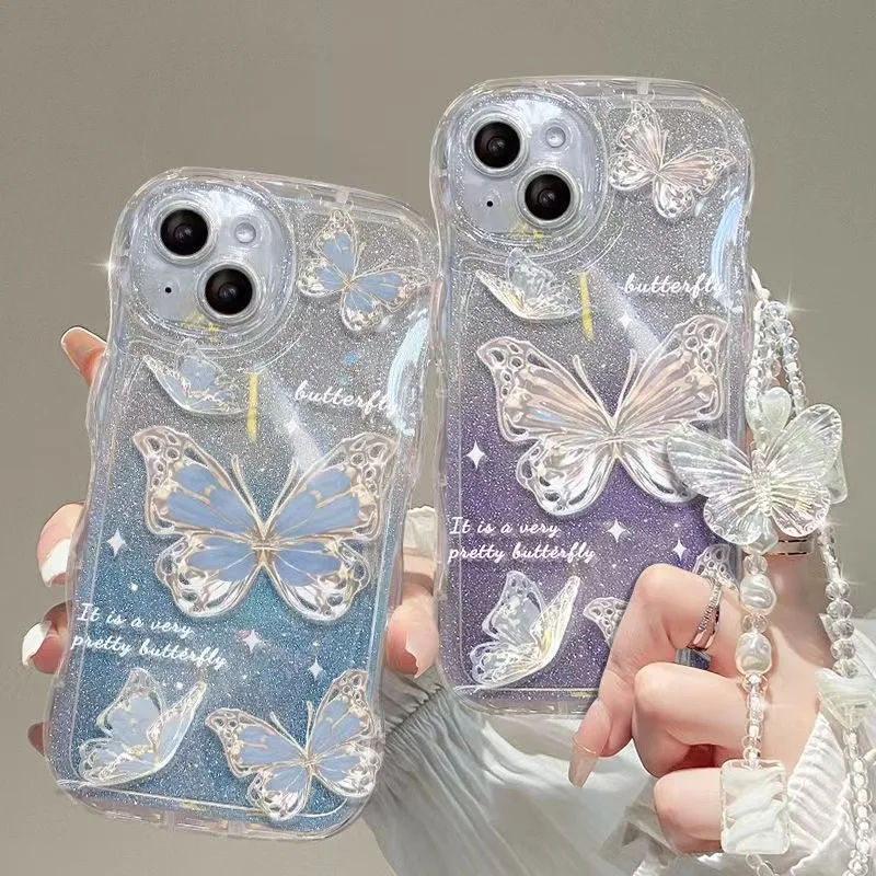 Luxury Butterfly Glitter Clear Soft phone case for iphone 13 12 11 14 15 Pro Max X XR XS 7 8 Plus Hang Chain Lanyard Cute Cover