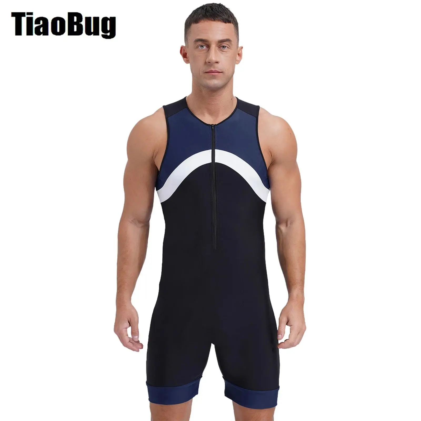 

Mens Contrast Color Swimsuit Sports Jumpsuit Sleeveless Zipper Bodysuit for Swimming Surfing Cycling Rowing Workout