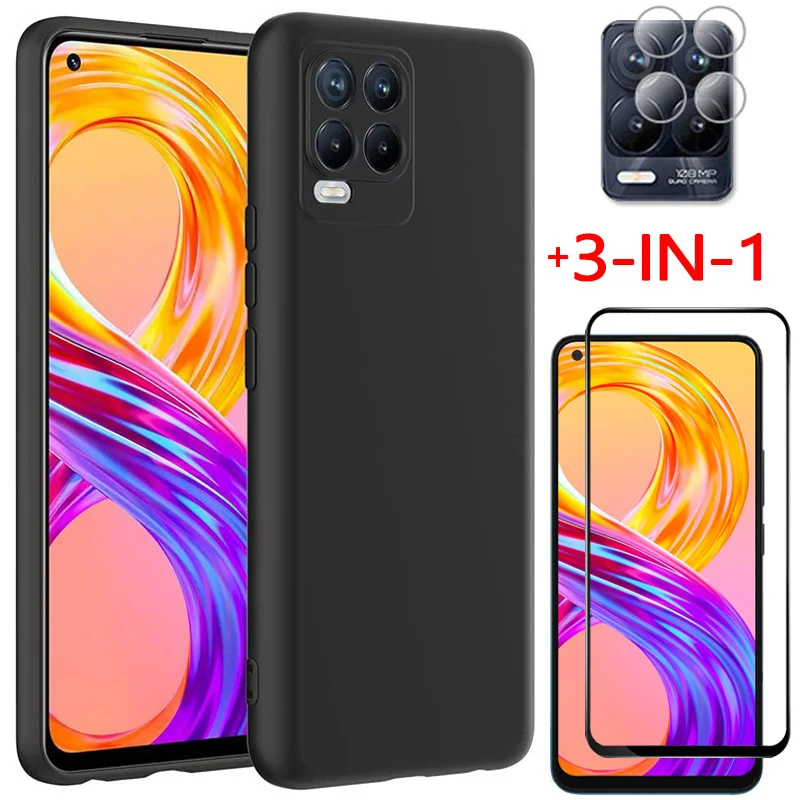 

Realme8 8Pro 8i Case, Black Case + Tempered Glass for Realme-8 Soft TPU Phone Cases Realmi 8i Oppo Realme 8 Pro Cover Realme 8