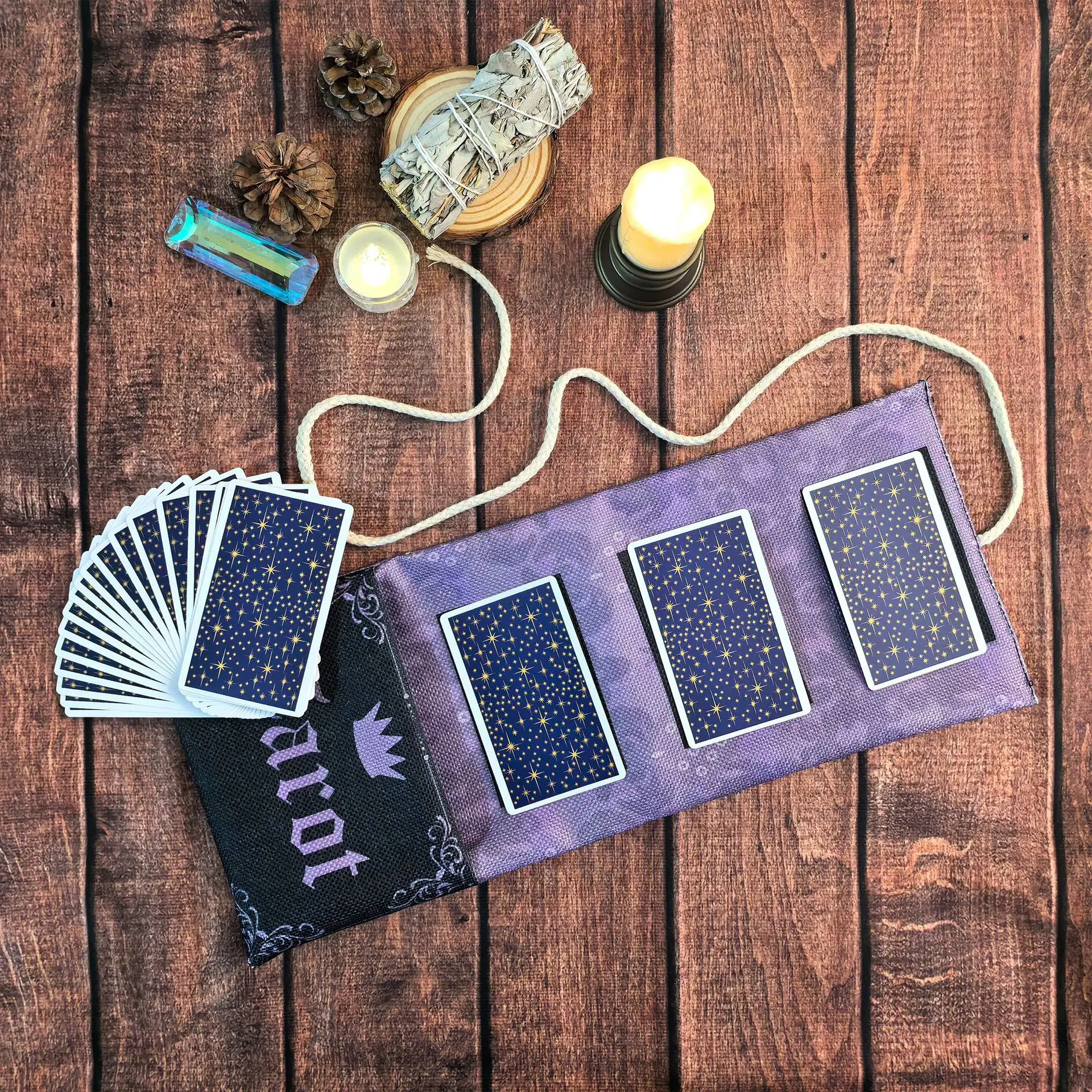 3‑Card Spread Tarot Roll Pouch Bag, Portable Tarot Oracle Card Storage Holder, Wicca Witch Divination Altar Accessory