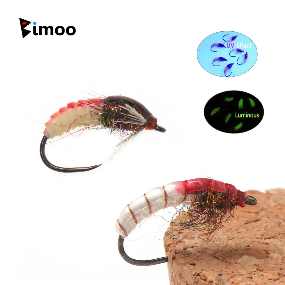 6 PIEZAS # 12 Moscas Luminosas y UV sin púas, tipo Scud Nymph, de hundimiento rápido, tipo Caddis Worm y Camarón, para pesca de Trucha, Pescado Blanco y Perca