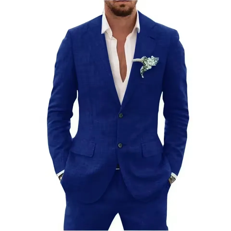 Casual Sky Blue Linen Suit for Men Blazer Pant Set Summer Beach Party Notched Lapel Slim Fit Wedding Suit Prom Groom Tuxedo