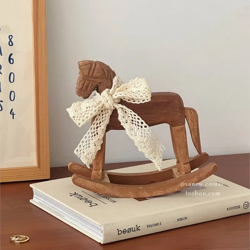 Retro Nostalgic Trojan Horse Ornaments Ins Style Living Room Carving Rocking Horse Solid Wood Desktop Decoration Ornaments