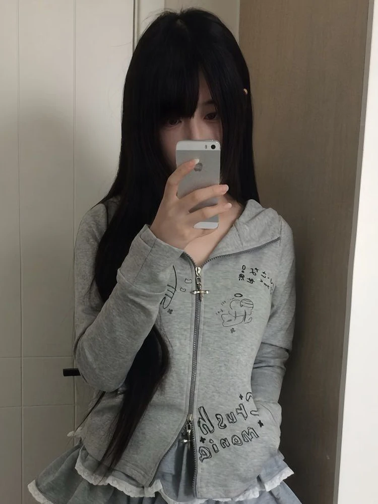 Y2K Hooded Cardigan Sweatshirts Women Japanese Cute Cartoon Print Long Sleeve Outwear Gothic Casual Lady Grunge Coat Tops Autumn