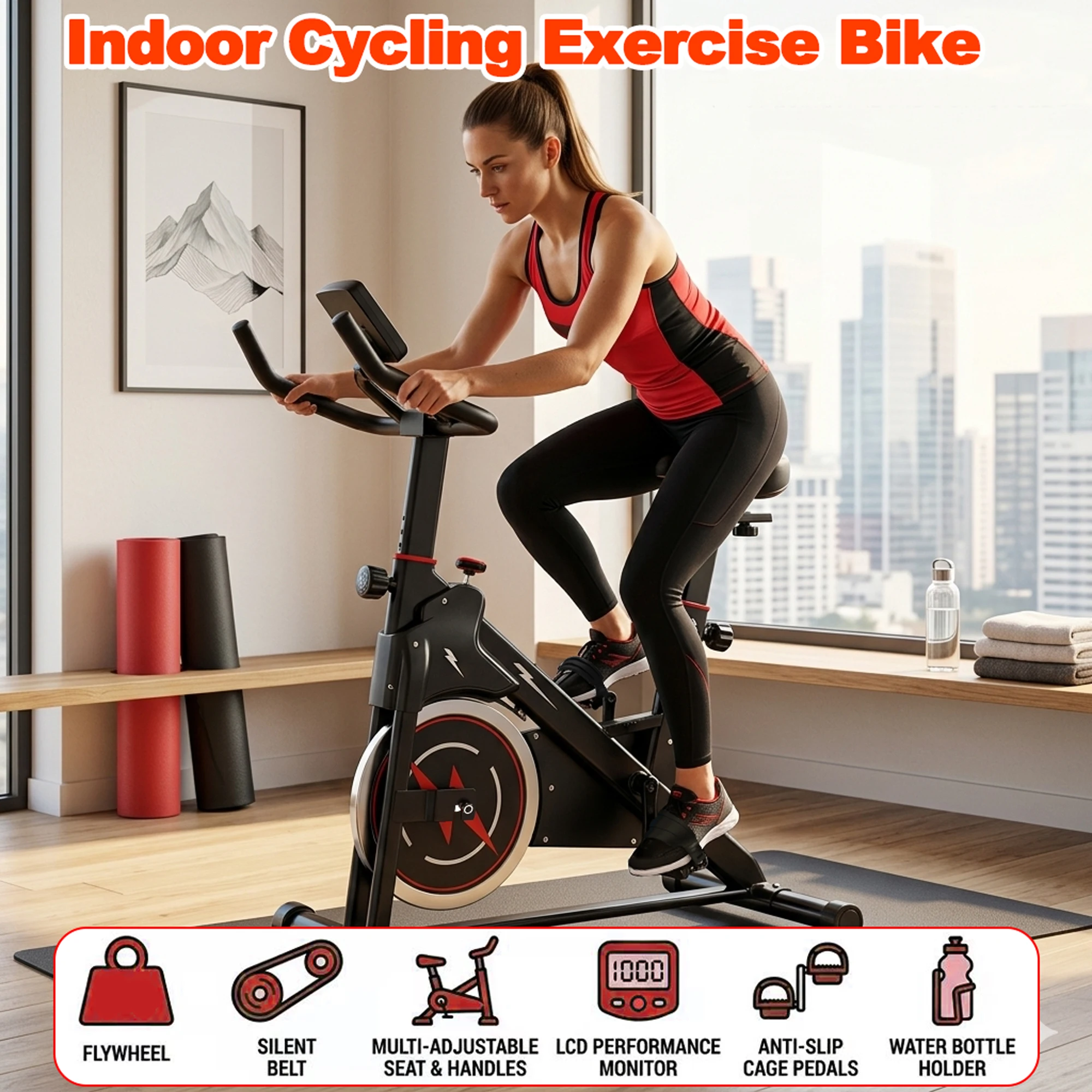 Indoor Cycling Bike with Belt Drive, Whisper-Quiet Stationary Exercise Bike for Home Gym, Adjustable Resistance & Comfortable Seat, LCD Monitor Home Fitness Cardio Workout Bicycle
