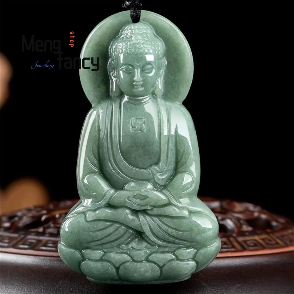 

Natural A-goods Jadeite Bean Green Three-dimensional Buddha Amitabha Jade Pendant Buddhist Amulets Exquisite Fashion Jewelry