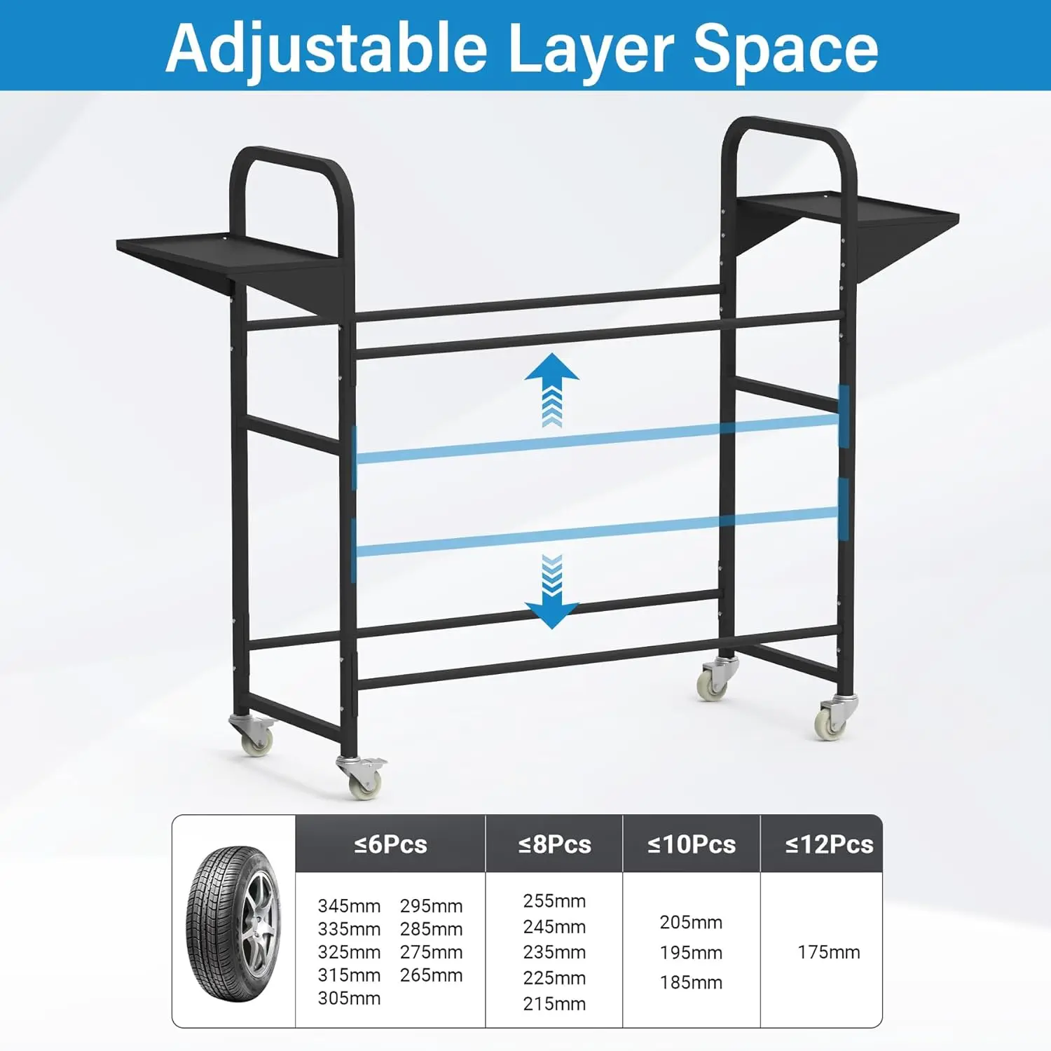 Adjustable Rolling Tire Storage Rack with Dust Cover, 4 Casters & Shelves for Garage Organization