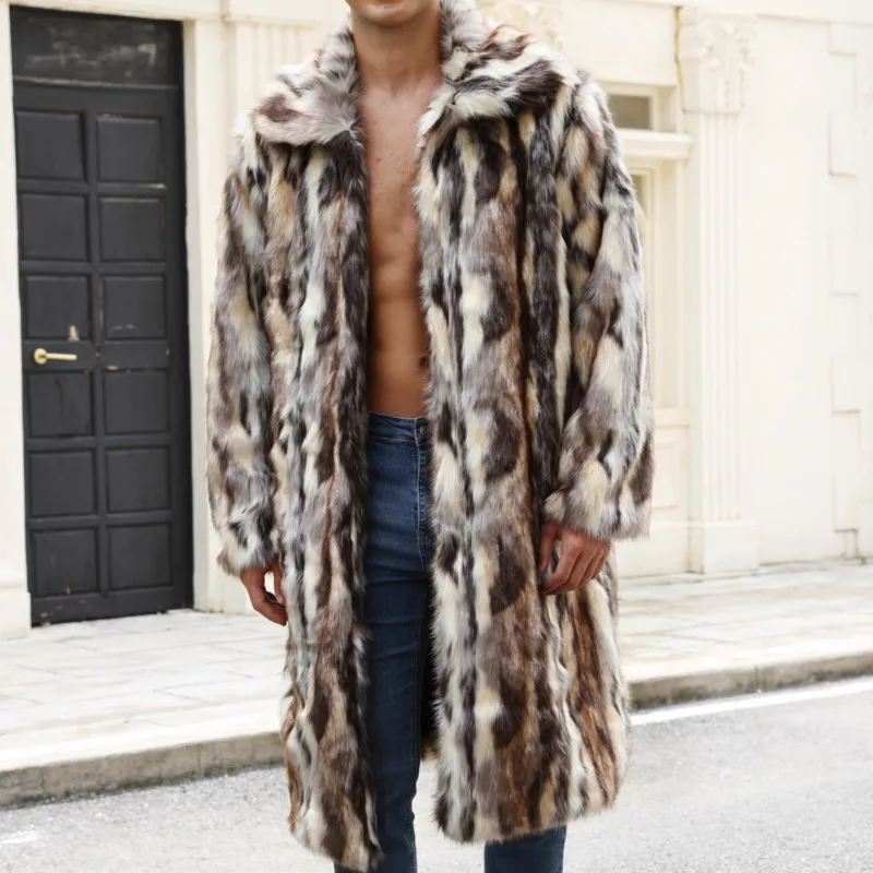 

2025 New Men's Faux Fur Coat Turn-Down Lapel Color Block Design Winter Warm Thickened Fur Euro-American Trendy Outerwear Outfits