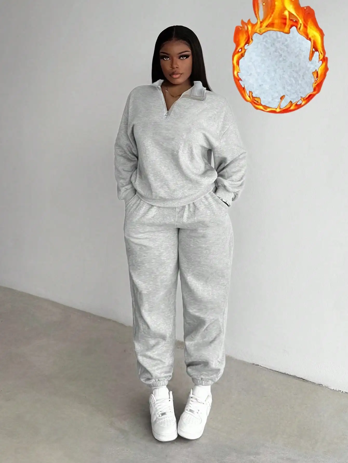 

Женский уютный домашний костюм на флисовой подкладке с молнией до середины груди — свободный крой, топ с длинными рукавами и брюки для осени и зимы