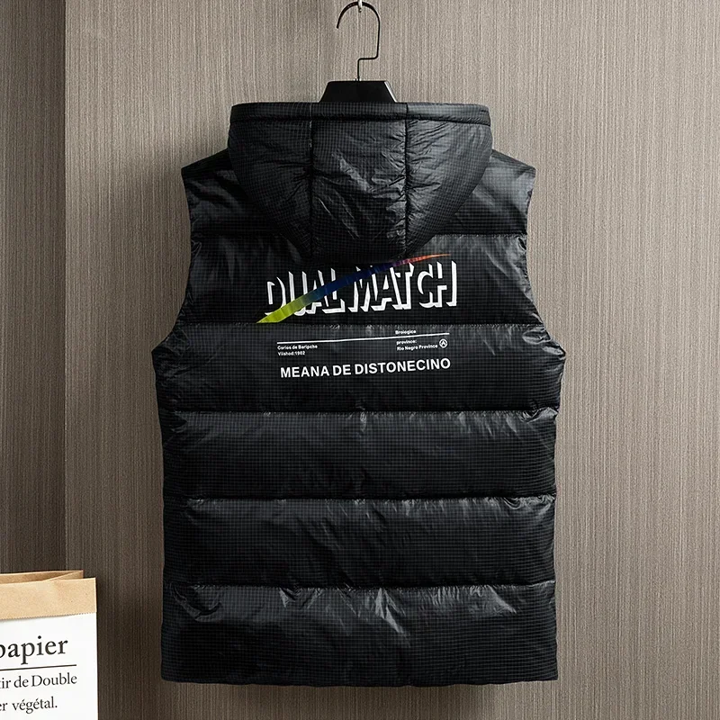 

Теплый пуховый жилет с капюшоном и шнурком, теплый ветрозащитный модный простой дизайн с надписями, свободная версия, ткань, удобная, приятная для кожи