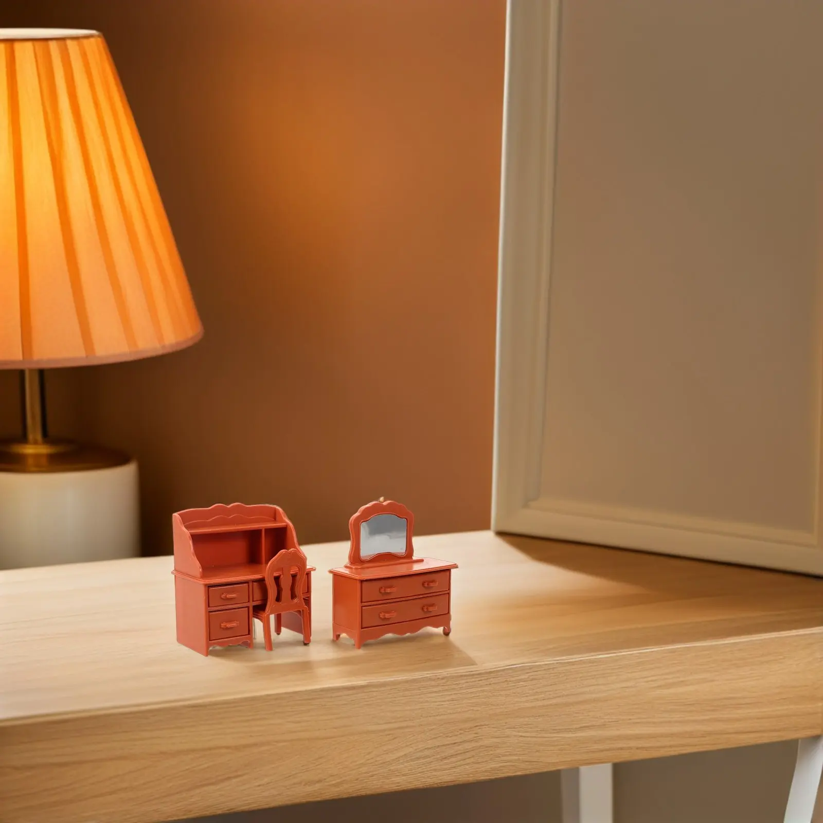 

1Set Miniature Dollhouse Vanity Table with Mirror and Drawer Stool Bedroom Furniture Accessories for Pretend Play Scene