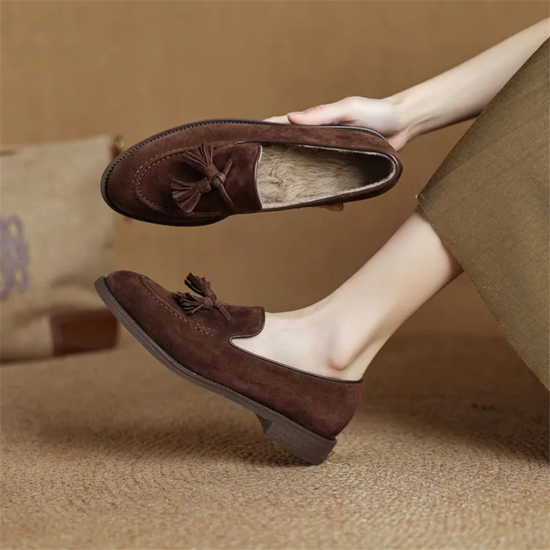 New Winter Sheep Suede Women Pumps Shoes for Women Fashion Round Toe Loafers Shoes Zaptos Mujer Low Heels Deep Mouth Shoes