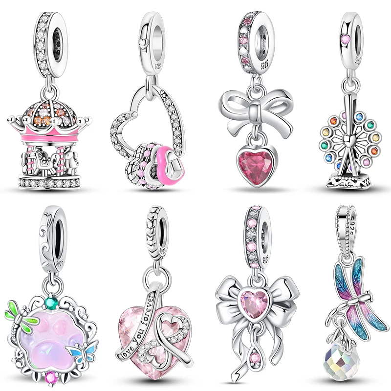 

100% 925 Sterling Silver Carousel Ferris Wheel Pink Heart Shaped Charms Beads Fit Pandora 925 Original Bracelets DIY Jewelry