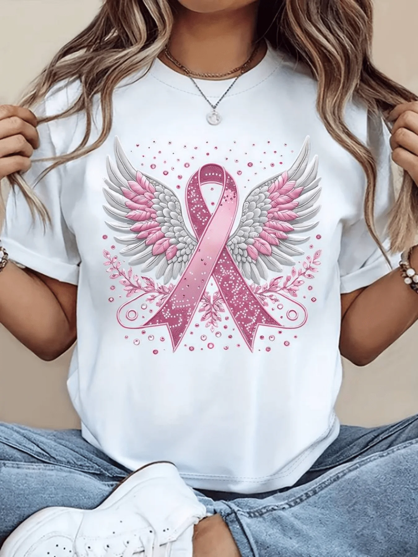 for plus Size - For Plus Size - 1pc Women'S Breast Cancer Awareness Ribbon & Angel Wings Print T-Shirt - Soft Slim-Fit Short Sleeve Round Neck Top, Pink Ribbon Design, Machine Washable Casual & Semi-Formal Wear, Comfortable Eve