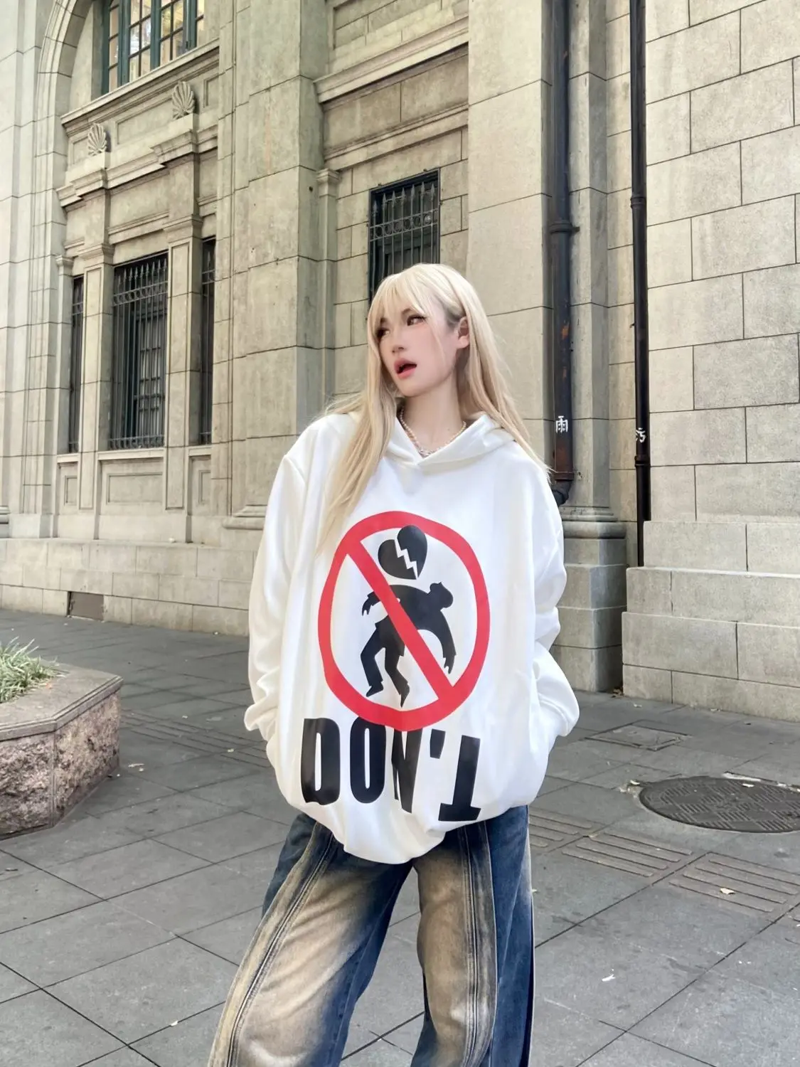 Hooded Sweatshirt With Heartbreak Letter Print Heavy Cotton National Fashion Brand Oversize Women'S Plus Velvet Thickened Top