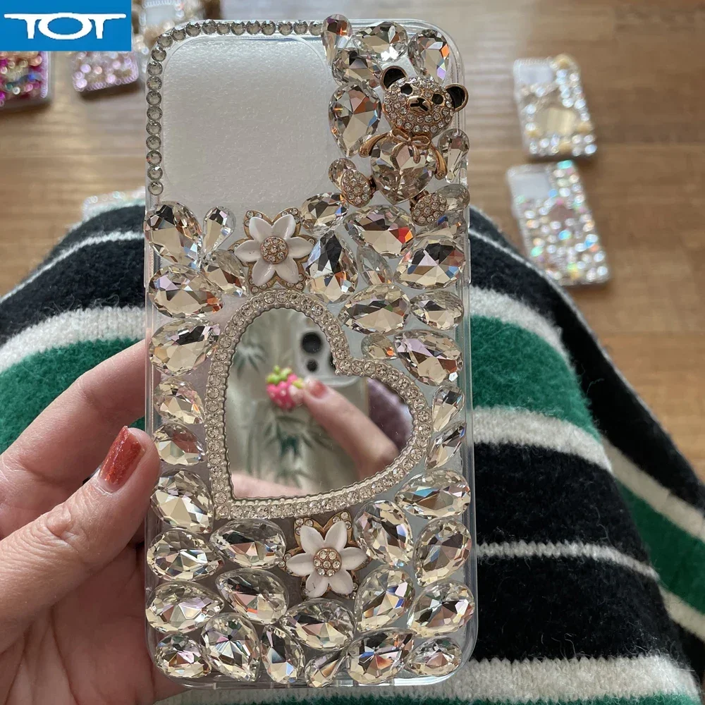 

Floral Phone Cover for iPhone 16 15 14 13 12 11 Pro Max XR XS Max With Makeup Mirror Case Bling Rhinestone Gem Cover for Women