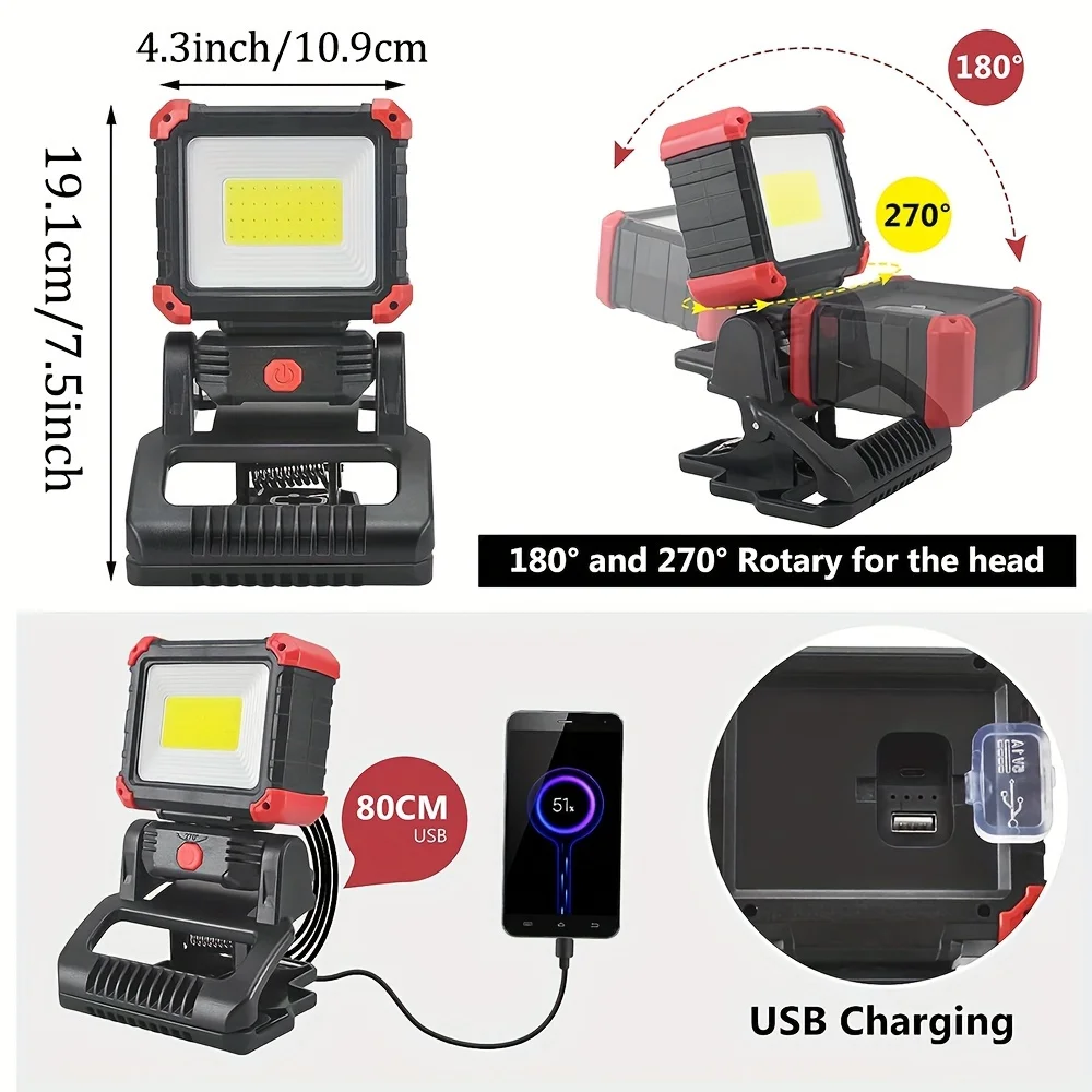 LED Rechargeable Work Light with Clamp Super Bright COB Magnetic Work Light with 3 Light Modes For Workshop, Car Repairing