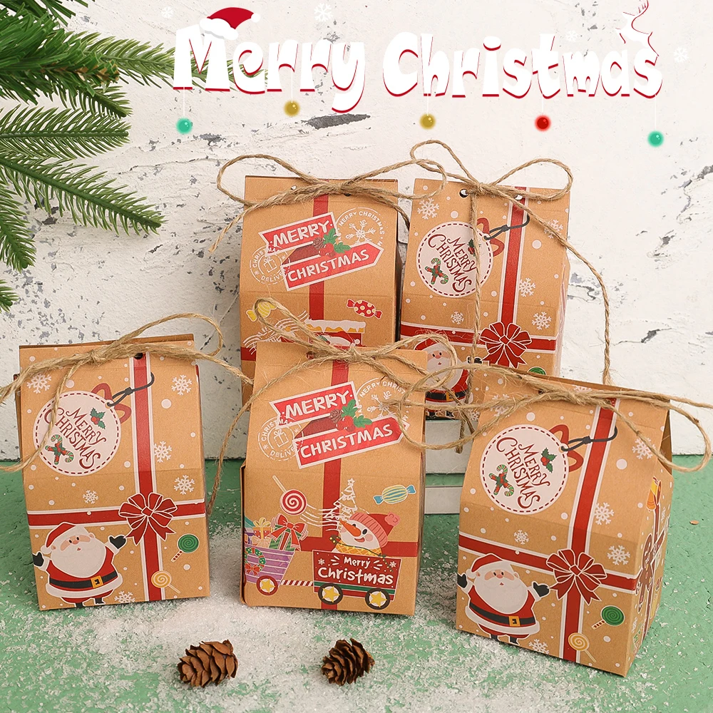 30/1pcs Christmas Candy Gift Box With Tag Kraft Wrapping Paper Bisuit Snack Packing Bag Xmas Party Home Decoration New Year 2025