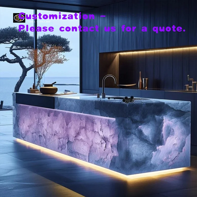 custom.Purple Illuminated Mineral Kitchen Islands Glow Luxury Artificial Stone Resin Bar Countertops Hotel