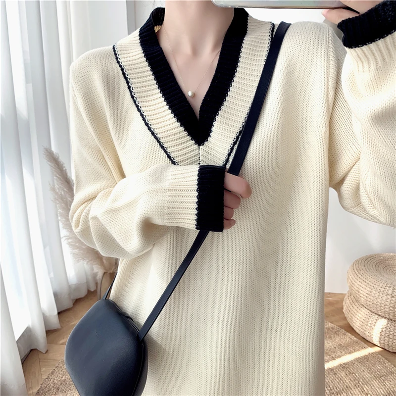 Apricot Chic Long Knitting Dress Women Autumn Winter 2022 V-neck Elegant Sweater Dress Ladies Street Korean Loose Woolen Vestido