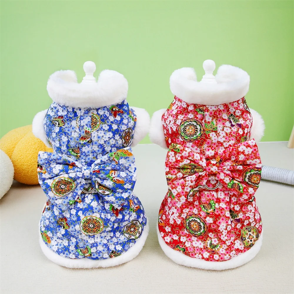 

Flower Pattern Autumn Winter Warm Thick Dog Clothes Bow Skirt Cute Sweet Cat Puppy Dress for Yorkie Chihuahua Pet Outfits