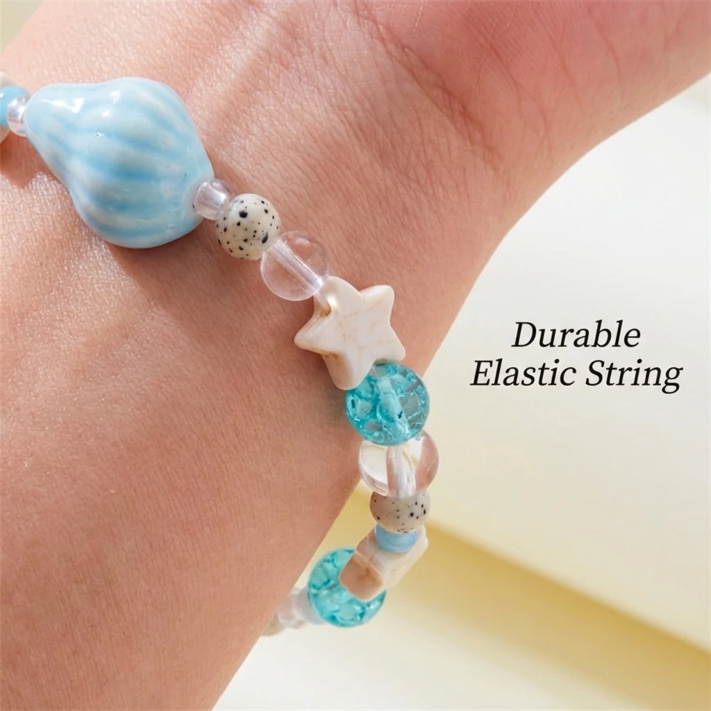 Sommerliches Armband im Ozean-Stil: Blaues Muschel-Perlenarmband für Damen mit Seestern-Anhänger, dehnbarer Armreif, Urlaubs-Strandschmuck, Ästhetik – Detail 3