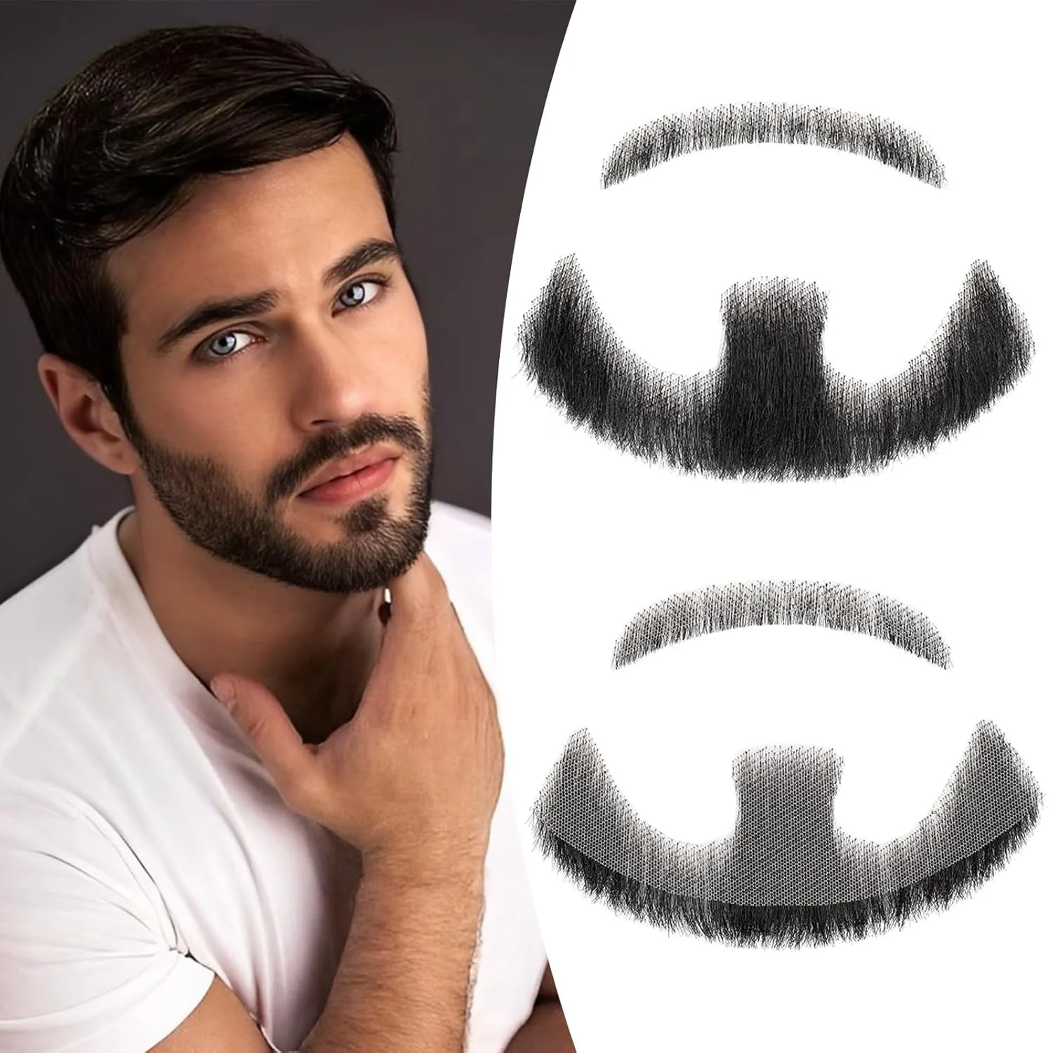 100% Human Hair Beard Black Brown Shallow Short Realistic Fake Moustache for Men Makeup Facial Hair Hand Made Invisible Beard