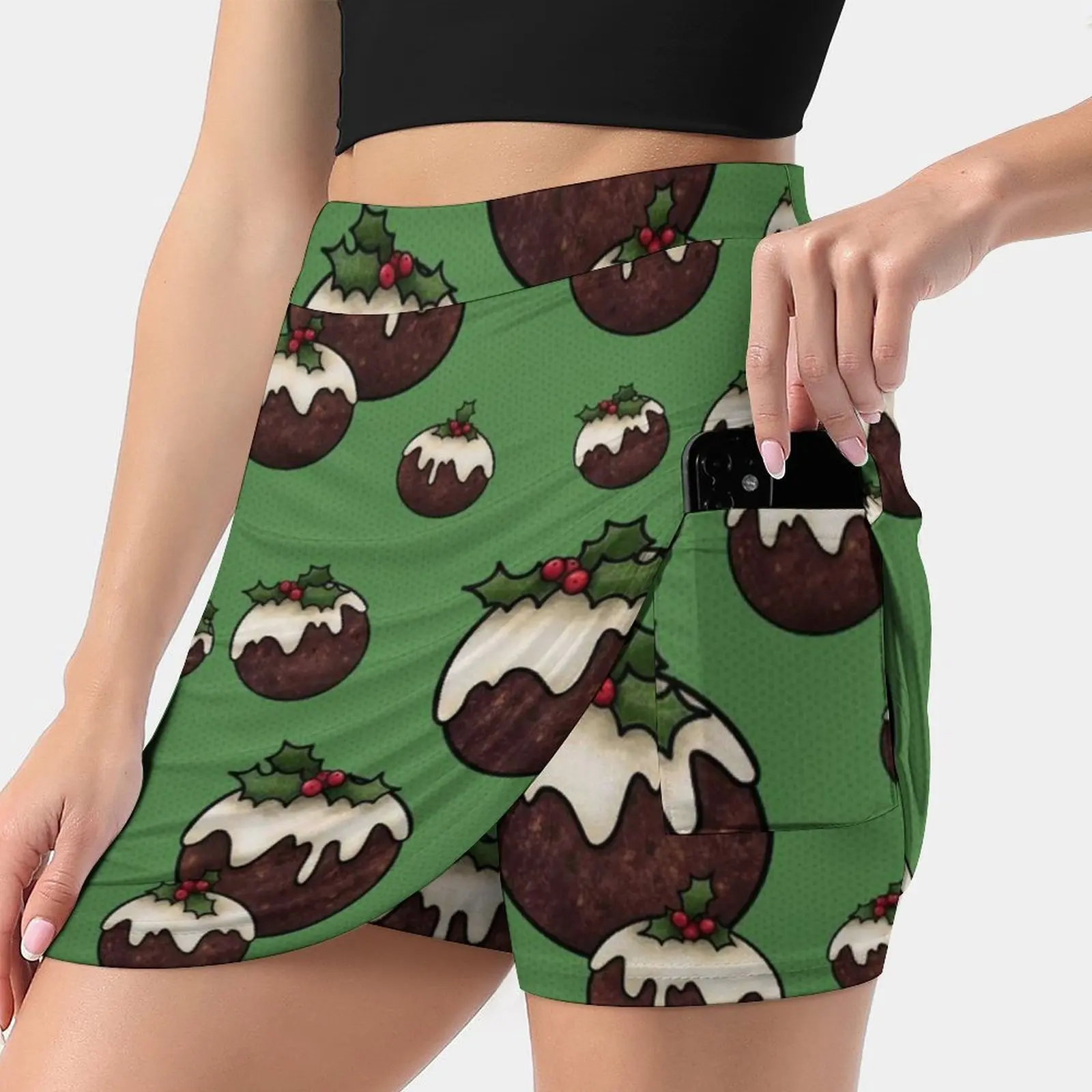 Christmas Puddings With Holly , Green Women's skirt Sport Skort Skirt With Pocket Fashion Korean Style Skirt 4Xl Skirts