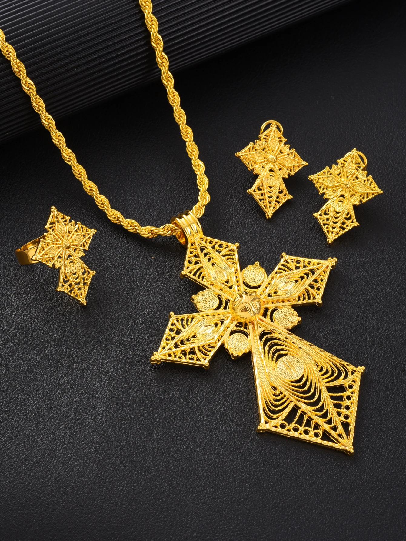 NEW Golden Color Ethiopian Jewelry Set Hollow-out Cross Style 3-Piece Set African Eritrean Festival Wedding Engagement Gifts