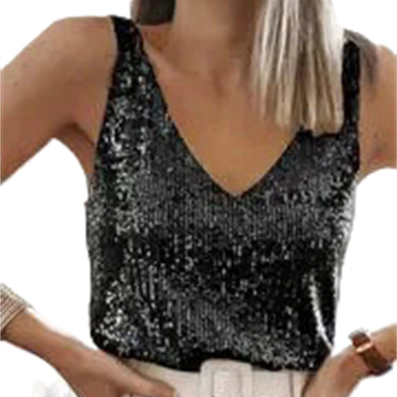 Damen-Pailletten-Tanktop mit V-Ausschnitt, ärmellos, glitzerndes Camisole-Top, Glitzer-Party-Weste, Clubwear, lässige Bluse, футболка+женская – Detail 1