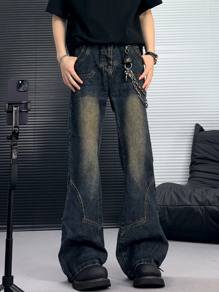 

Мужские джинсы в стиле ретро-американский рабочий костюм, свободные, прямые, с расклешенным низом, альтернативный дизайн, модные, из смесового хлопка и полиэстера