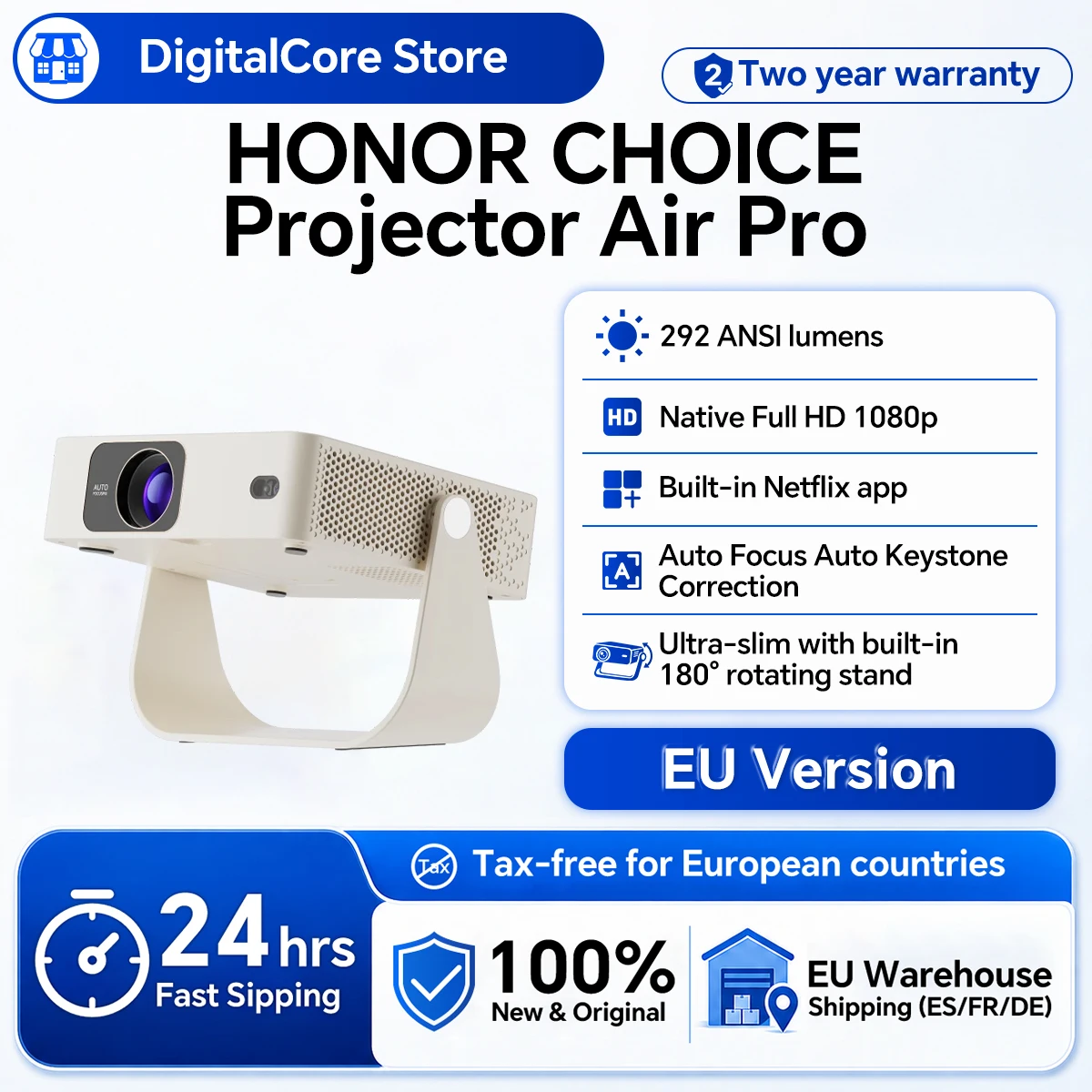 Proyector Portátil HONOR CHOICE Air Pro con Netflix Integrado, 292 ANSI Lúmenes, Resolución Nativa 1080P FHD, Enfoque Automático y Corrección Trapezoidal Automática, Wi-Fi 6, 180 °   Soporte Giratorio