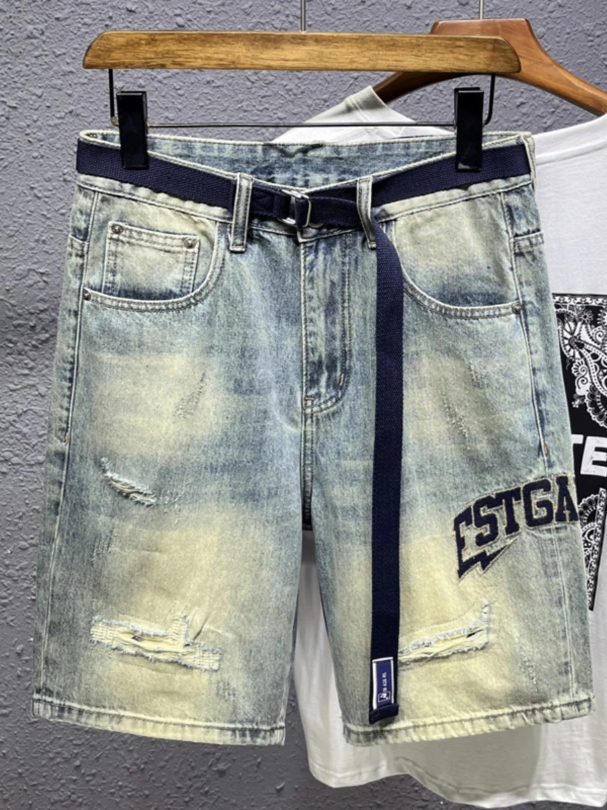 

Мужские летние джинсовые шорты в стиле ретро с вышивкой, тонкие, в американском уличном стиле, свободные, прямого кроя, универсальные, длиной до колена