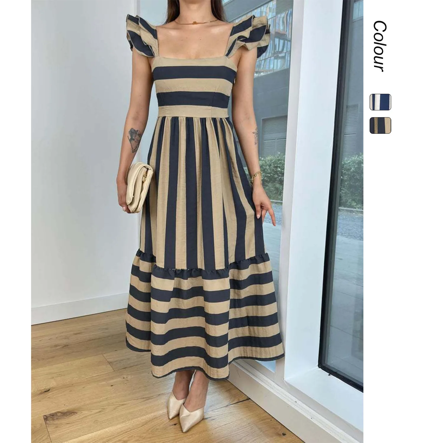 

Fashion Stripe Sleeveless Long Dresses Women Summer Simple All-match Casual Backless Commuting Vacation Maxi Dress Female New