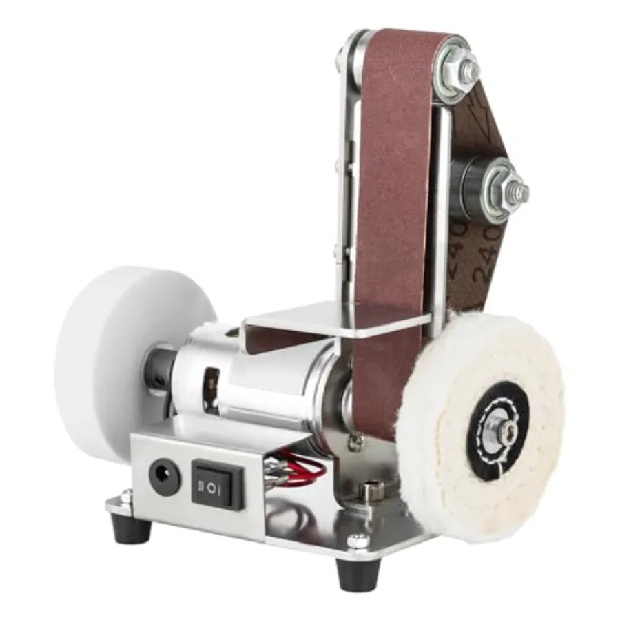 

Mini Belt Sander Electric Bench Grinder Sanding Machine with Aluminum Grinding Wheel Woolen Buffing Wheel Table Top Grinder Pol