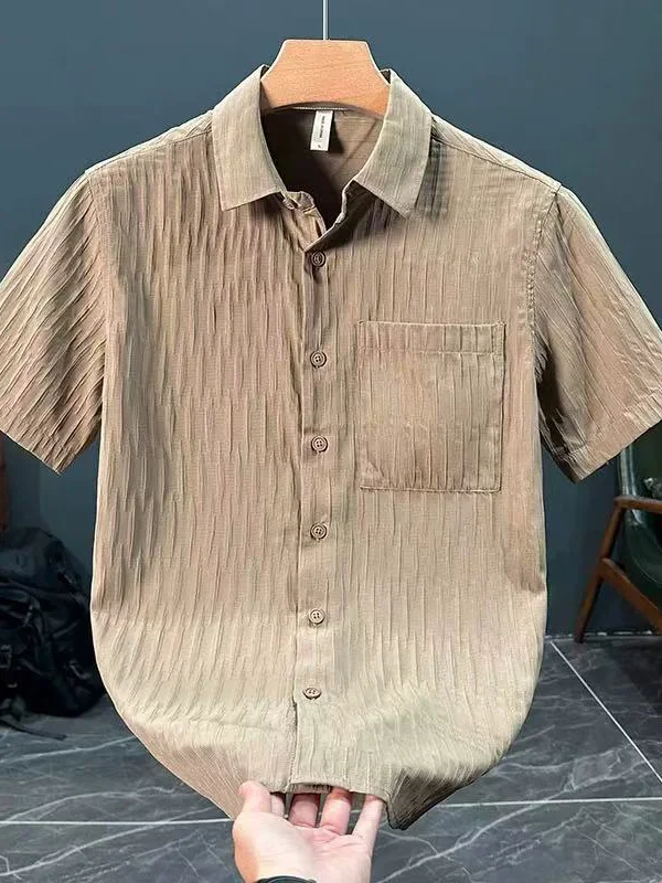 Summer Thin Men's Casual Loose Fit Short Sleeve Striped Embroidered Shirt Breathable Lightweight Fashionable Top Polyester Fiber