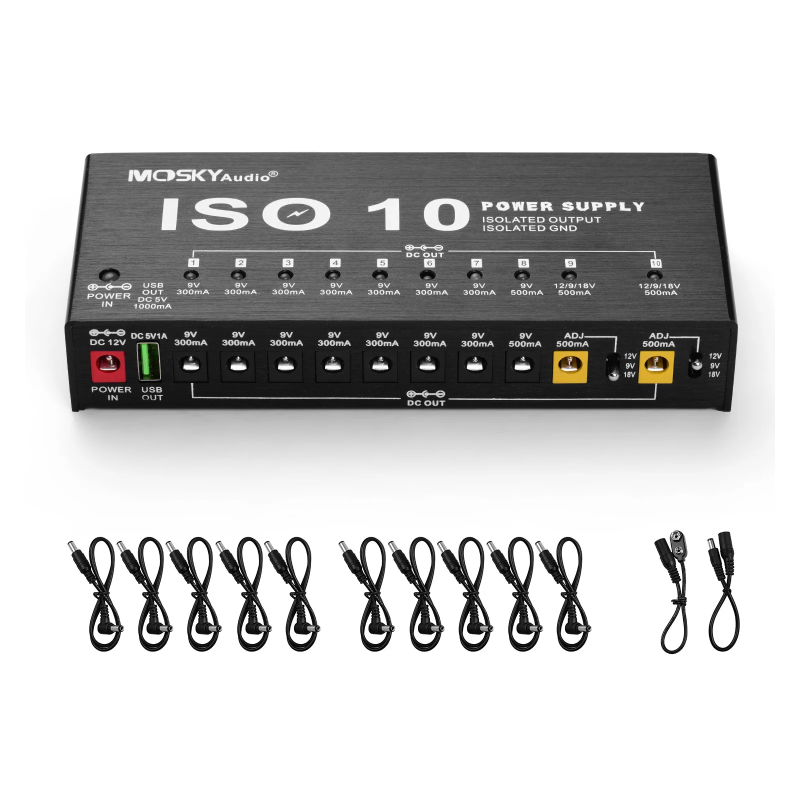 MOSKYAudio ISO-10 Portable Guitar Effect Power Supply Station 10 Isolated DC Outputs & 5V Output for 9V 12V 18V Guitar Effects