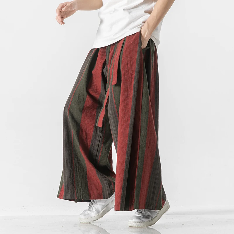 Men Striped Wide Leg Pants Men Cotton Joggers Retro Trousers Man Chinese Style Linen Pants Male Big Crotch Nepal Robe Pants