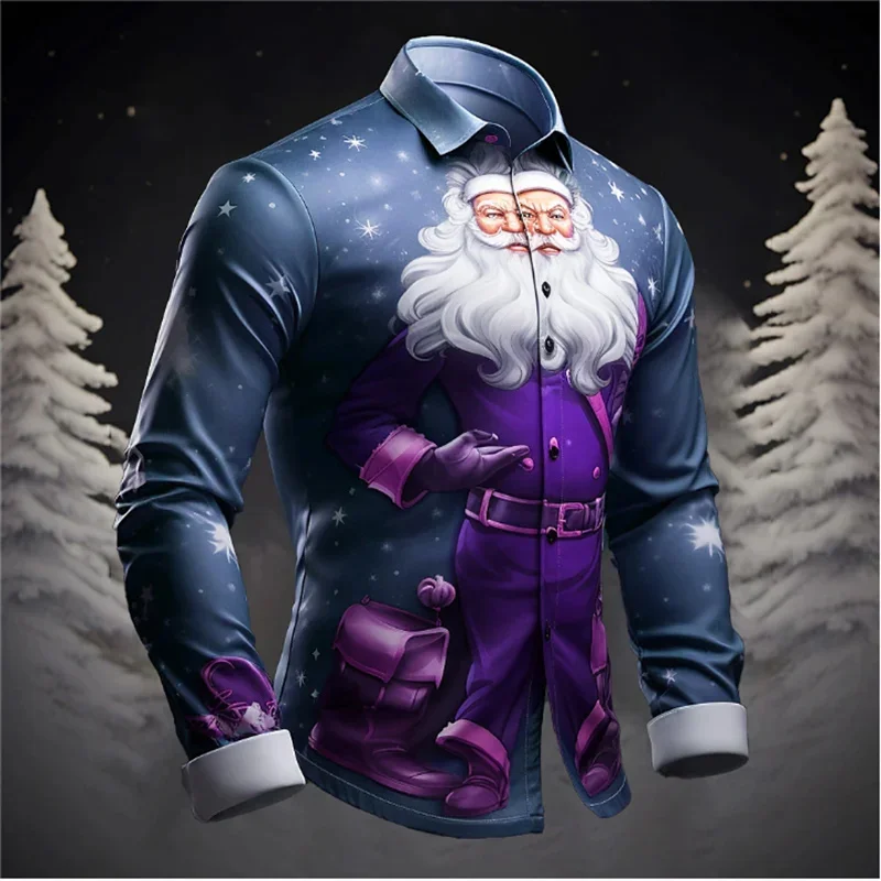 Santa Claus Christmas Tree Casual Men\'s Shirt Christmas Autumn and Winter Long Sleeve XS-6XL Four-way Stretch Fabric Shirt