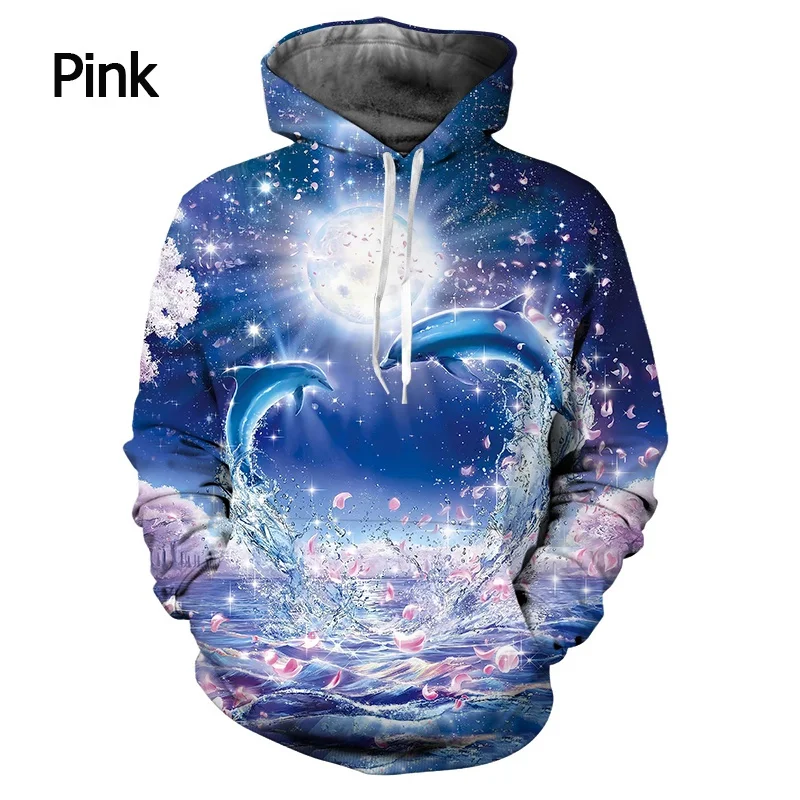 3D Printed Funny Dolphin Hoodies For Men Women Cute Animal Pattern Pullovers Casual Hooded Long Sleeves Loose Tops Sweatshirts