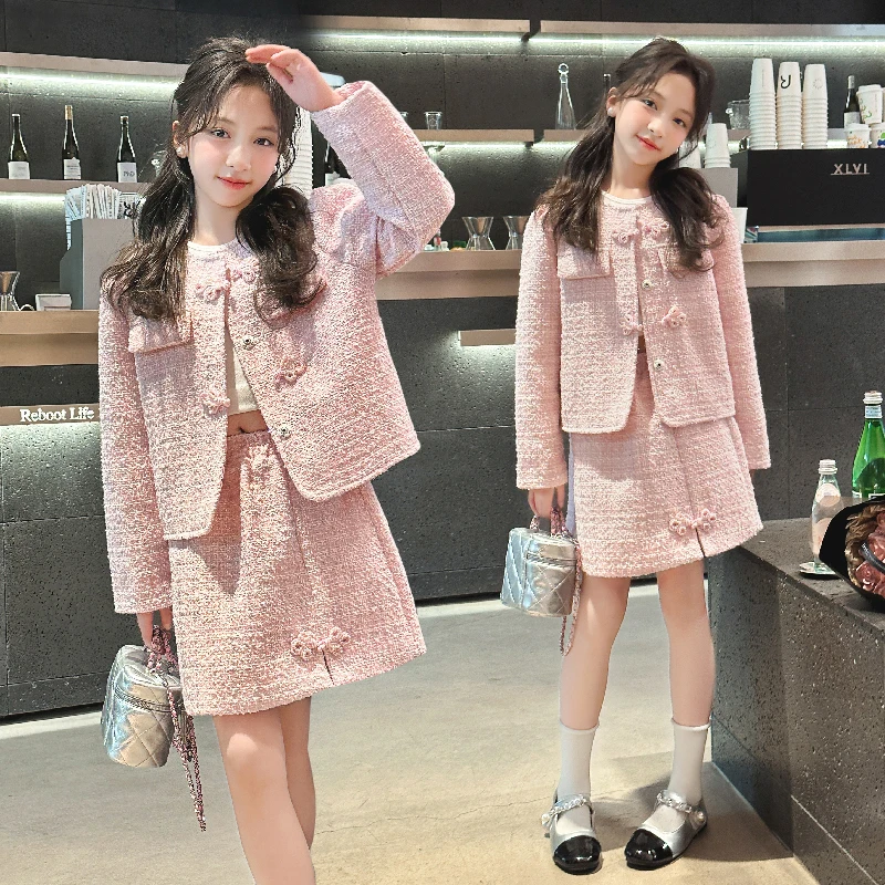 French design style pink girls skirt set Round necked woven jacket+skirt 2pcs 4-15 teenage girls clothes suit children outfits