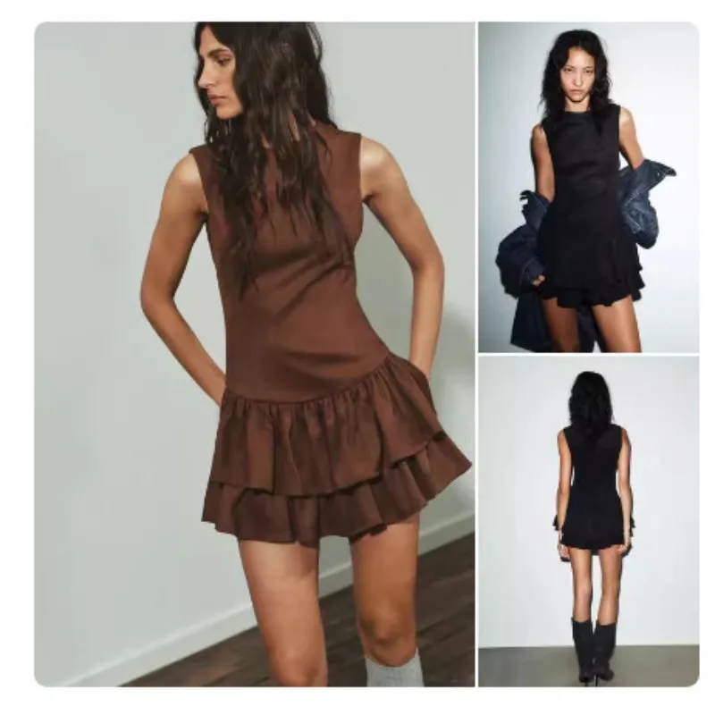 Solid Sleeveless Mini Dress Crew Neck Slim Waist Double Layer Ruffle Hem Back Zipper Casual Flounce Women Short Dress 260701