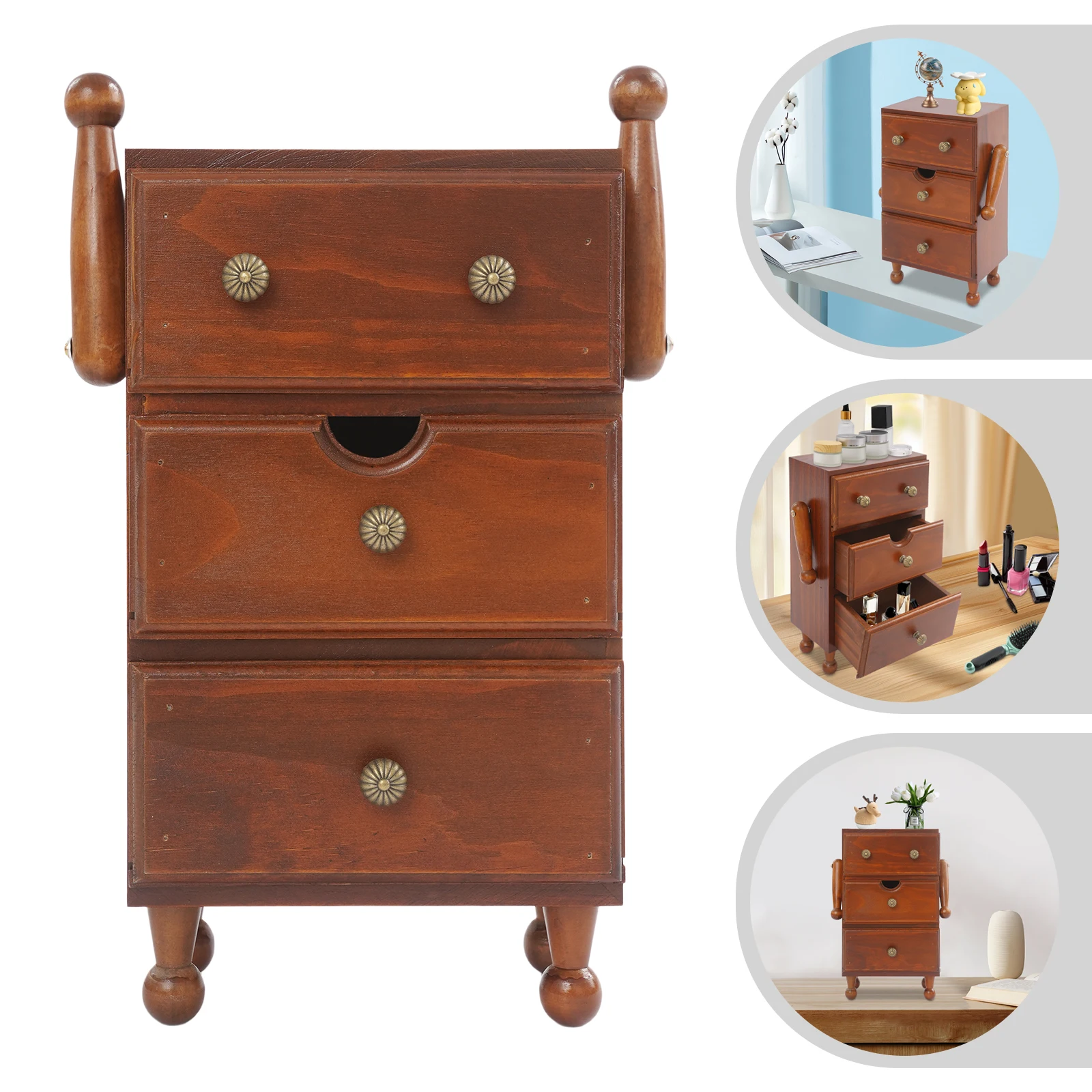 3-Tier Storage Cabinet,Space-Saving Pine Wood Compact Cabinet with 3 Drawers& Adjustable Shelves,Vintage Design for Small Spaces