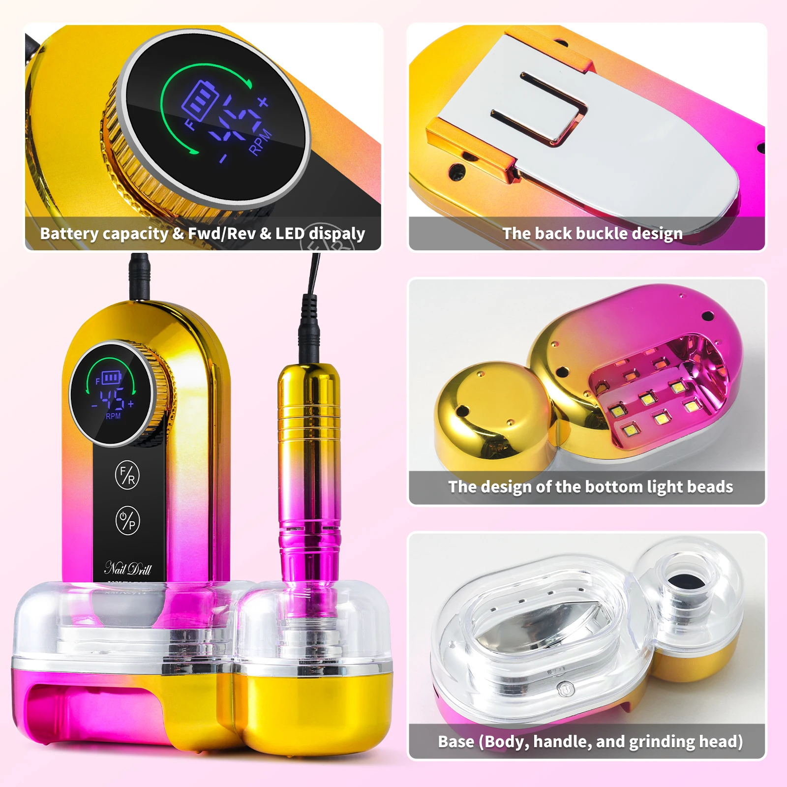 Taladro de uñas recargable de 45000RPM, Kit de lima de uñas eléctrica profesional, lima lijadora de uñas de poco ruido para herramienta de salón de manicura