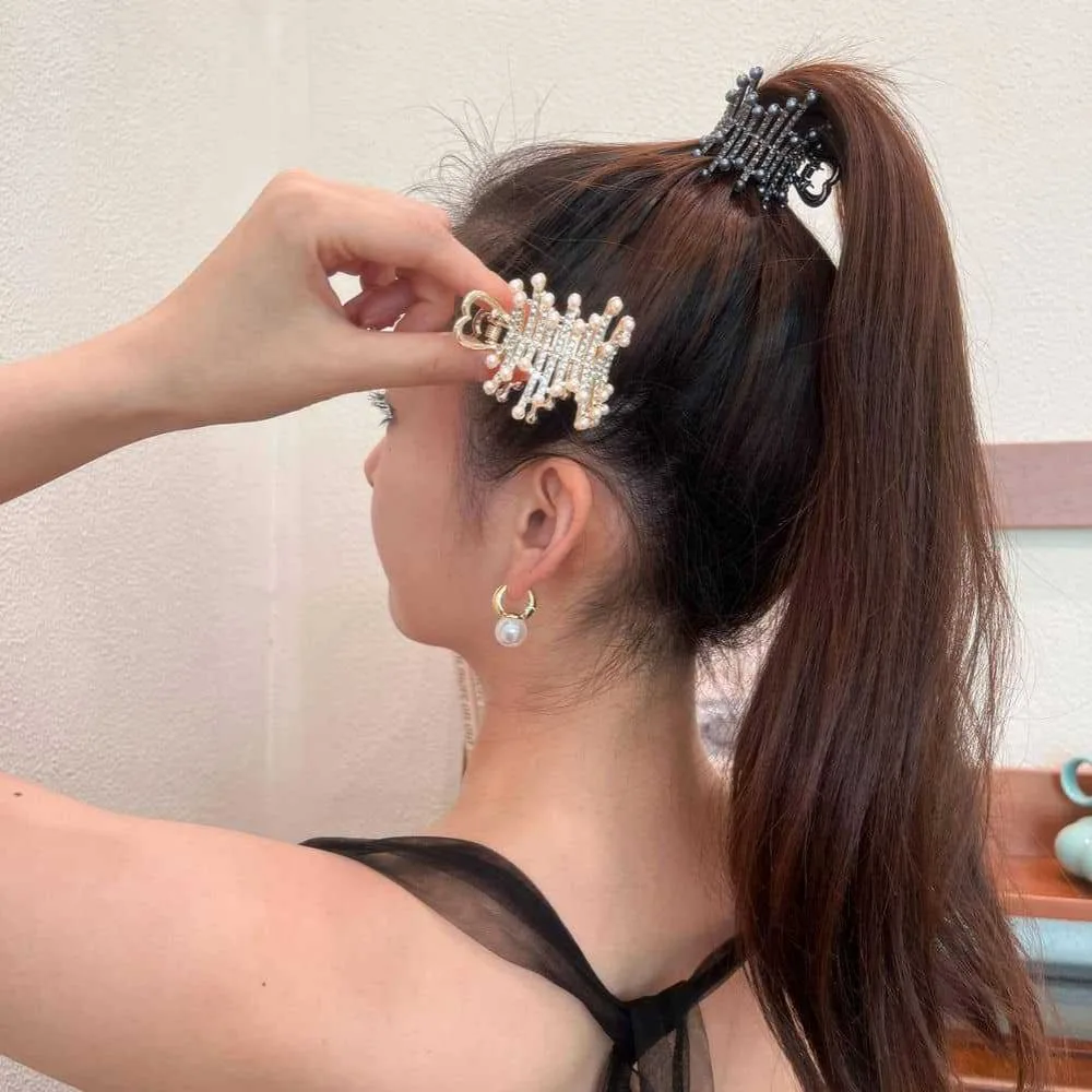 Fresh Alloy Pearl Hair Clip Solid Color Electroplating Shark Clip Rhinestones Ponytail Fixer Girls