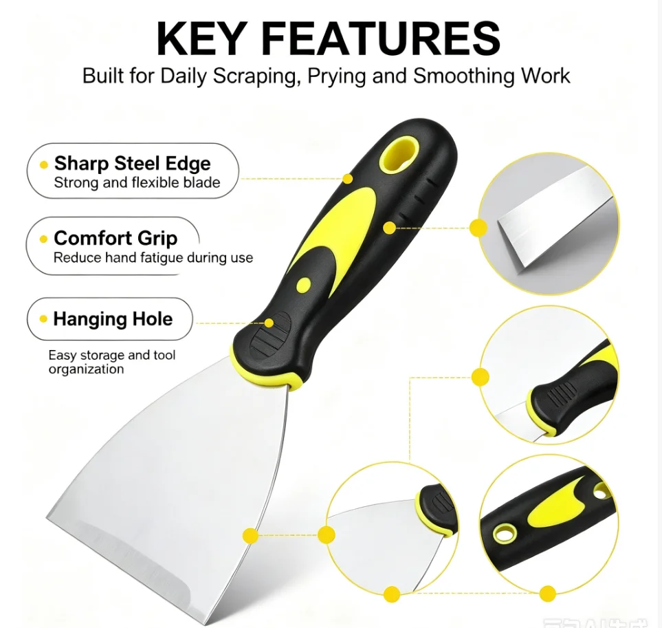 4Pcs Wallpaper Scrapers 1.5'', 3'', 4'', 6'' Wide Putty Knife Set Stainless Steel Paint Filling Putty Scrapers Knife Tools Kit
