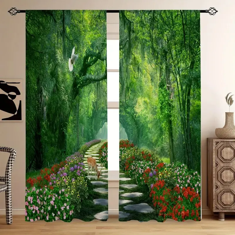 ستائر مطبوعة لمسار الغابة والزهور، ستائر كيس عمود، 42*84، غرفة النوم وغرفة المعيشة، ديكور المنزل، ديكور الغرفة