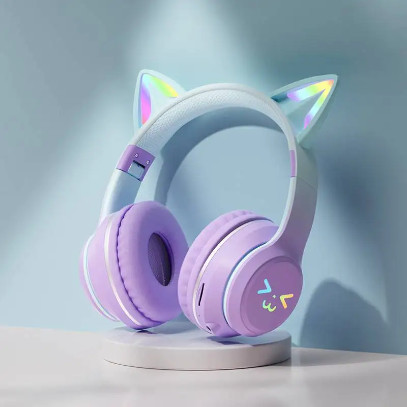 Gradiënt draadloze hoofdtelefoon RGB schattige kattenoor Bluetooth-oortelefoon met microfoon Stereo Muziek Game Oortelefoon Meisjes Kindergeschenken
