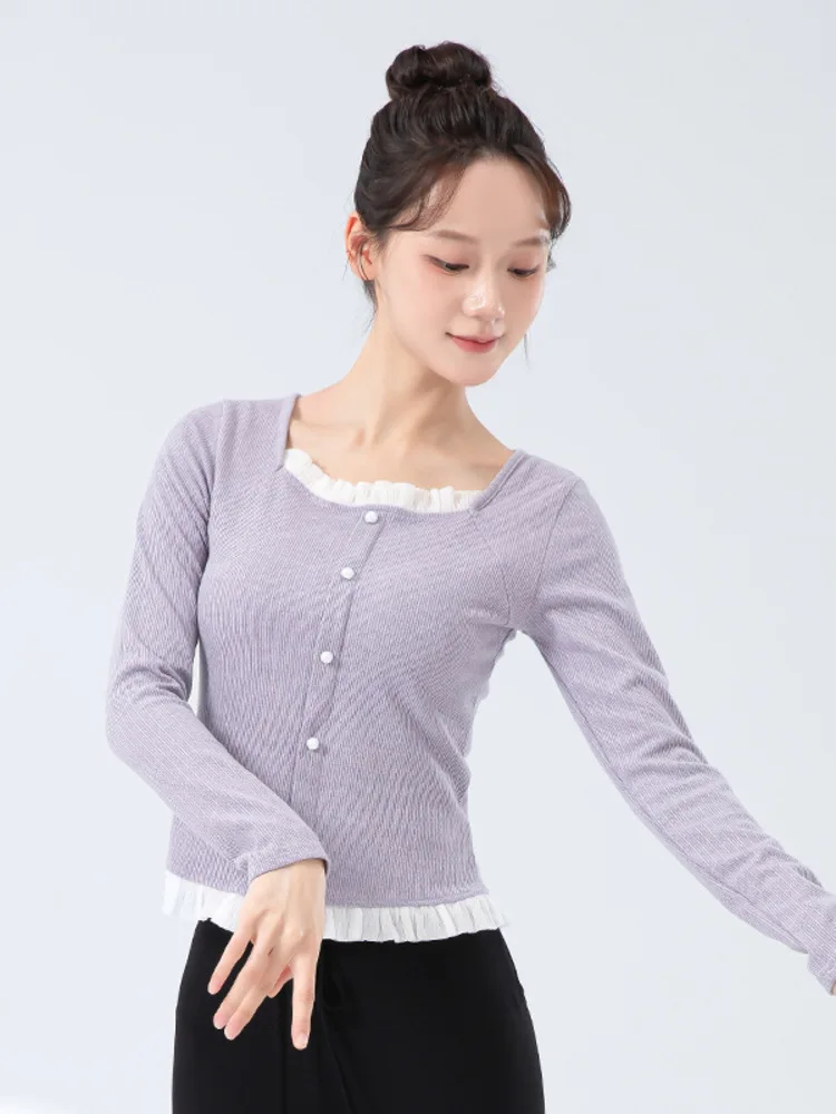 قميص باليه بقصة ضيقة ورقبة مربعة مكشكشة من الدانتيل - قميص رقص مسرحي بأكمام طويلة مكون من قطعتين للنساء