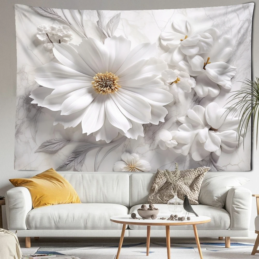 Golden Leaf White Flower Tapestry Wall Hanging Bohemian Minimalist Art Hippie Bedroom Living Room Home Decor Background Cloth
